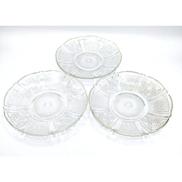 Small Plates Saucers Clear Glass Cut Daisey and Cane  Malaysian Marked Set of 3 - Picture 2 of 13